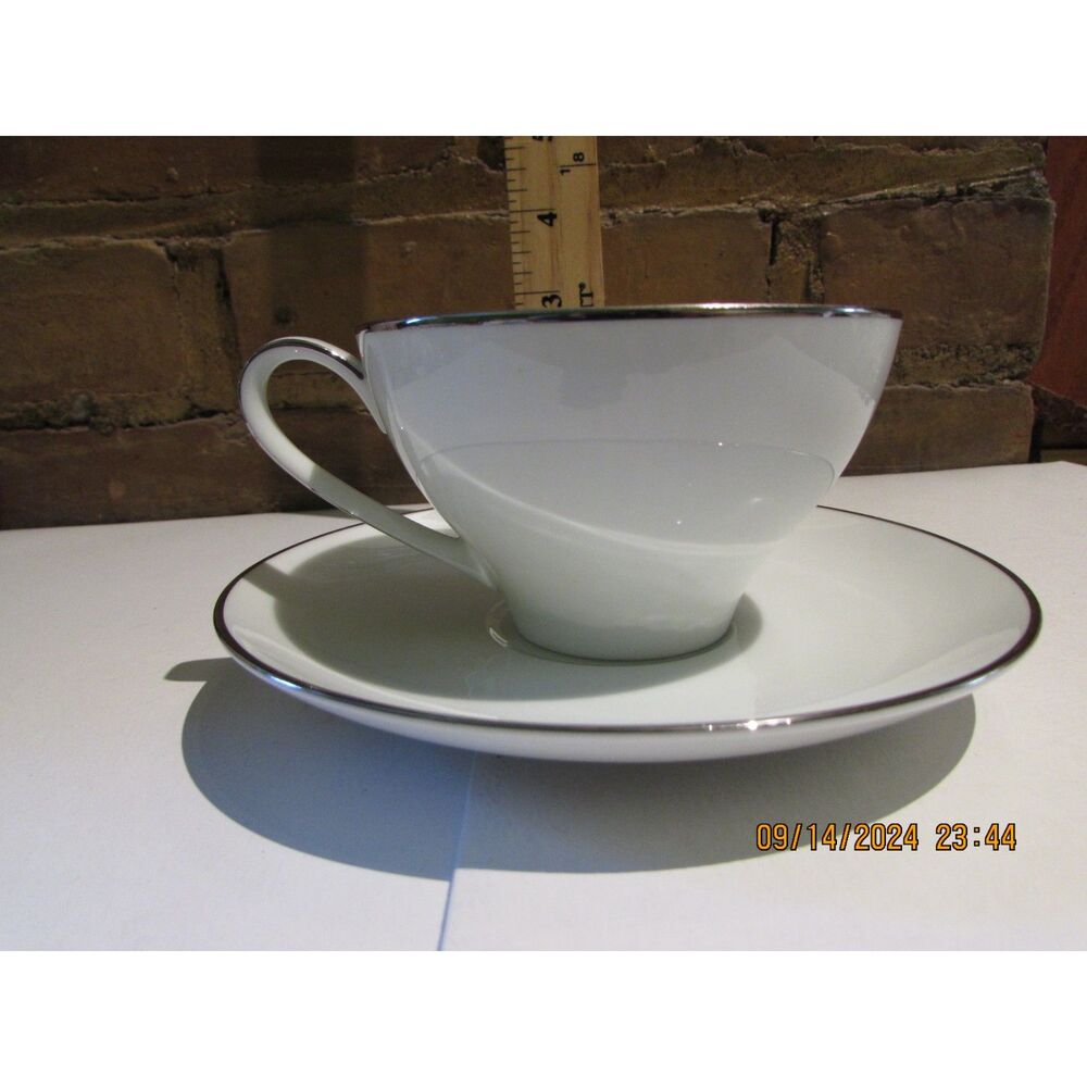 NORITAKE CHINA FREMONT 6127 JAPAN TEACUP AND SAUCER WHITE SILVER TRIM SET OF 3
